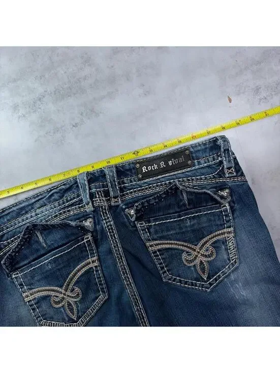 Y2K Blue Rock Revival Grunge Roza Easy Bootcut Denim Jeans - Picture 6 of 8